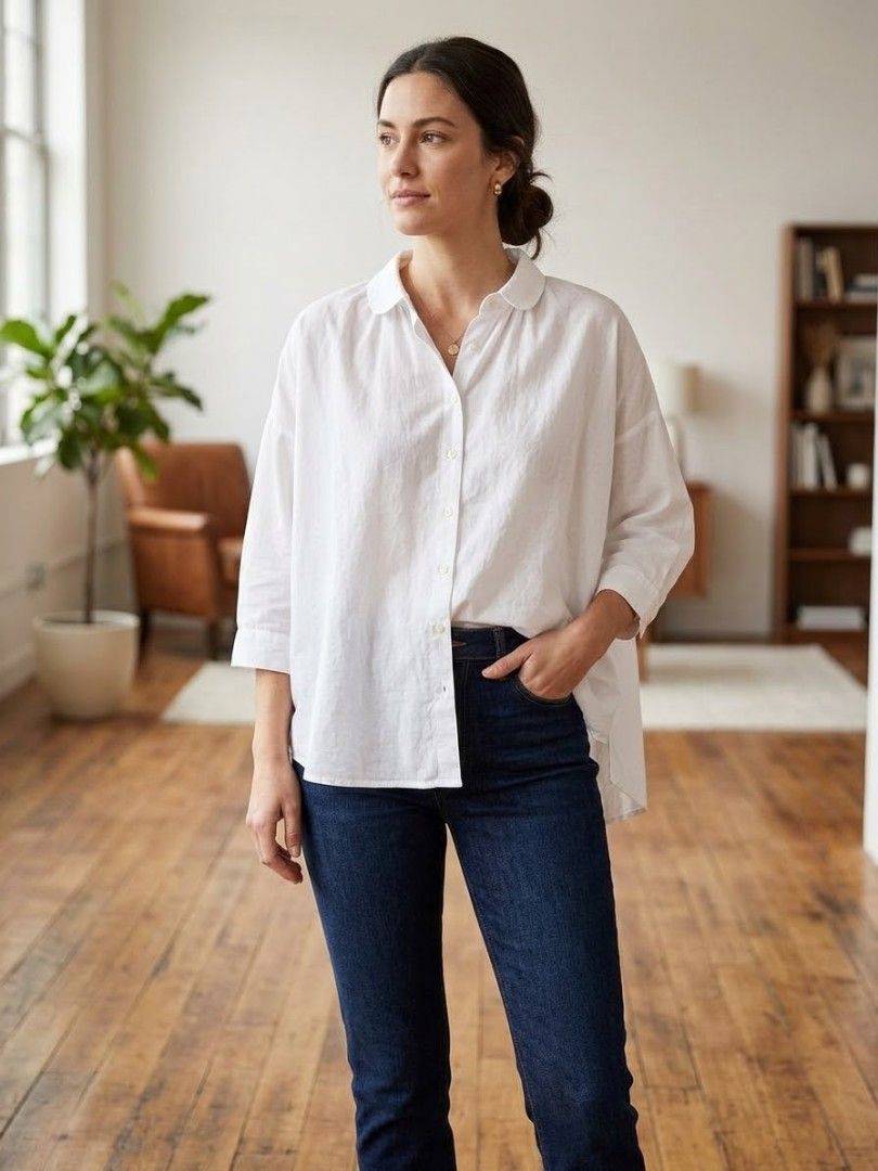 Muji Cotton Oversized White Blouse (Category: Shirts) located in Santa Cruz. Submitted by deenem (Listing ID 1467618084, Image 1). Description: Like New😍👌 No flaws👌 XS on Tag Can fit S-M Asian (Measurements laid flat in inches) Bust:27 Armhole:7.5 Lenght: 24.