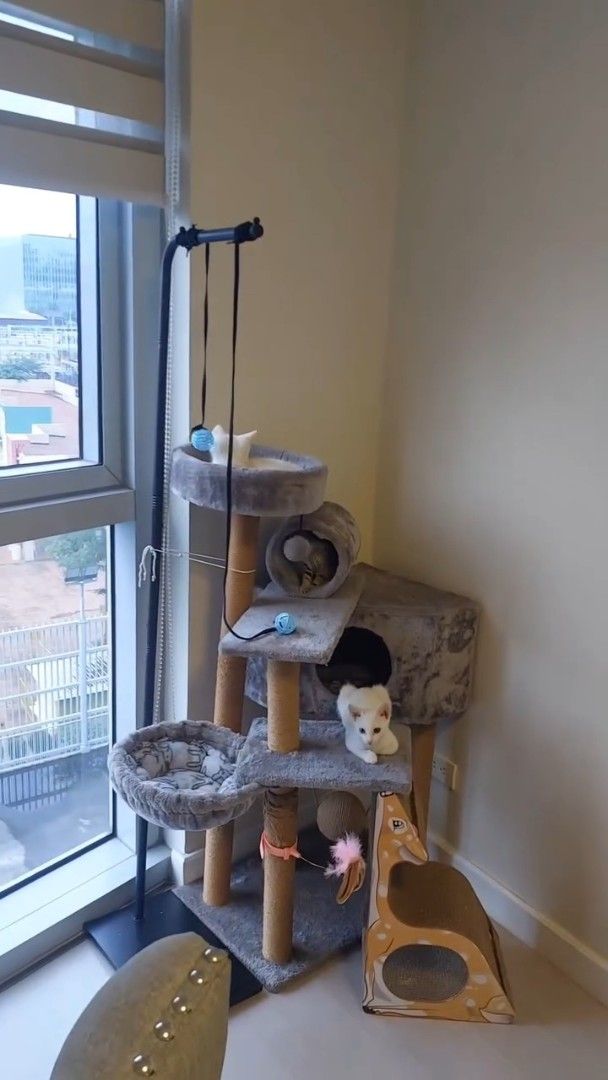 cat tree tower with scratching posts (Category: Sleeveless) located in Manila. Submitted by fiercemountain_946e32 (Listing ID 1467616056, Image 2). Description: - Multi-level grey cat tree ideal for playing, resting, and scratching - Includes multiple perches, scratching posts, tunnels, and hanging toys - Features a fun, giraffe-shaped cardboard scratcher at the base - Built with a stable wooden structure for safety and durability - Covered in so
