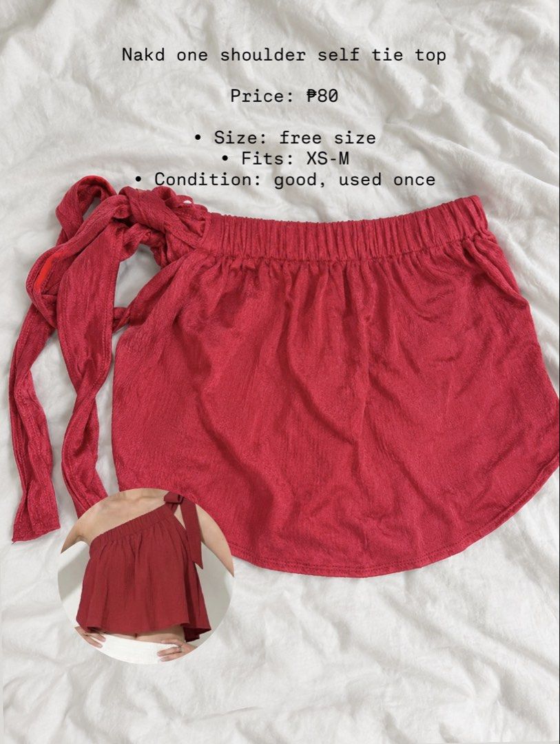 Nakd one shoulder self tie top (Category: Sleeveless) located in Las Pinas. Submitted by prelovedgoodiesph (Listing ID 1467728485, Image 1). Description: - Brand/Item: Nakd One Shoulder Self Tie Top - Color: Red - Size: Free Size (fits XS to M) - Features: Elasticated neckline & cute adjustable shoulder tie strap - Material: Super nice and very comfortable - Feel free to send a message if you have any questions!.