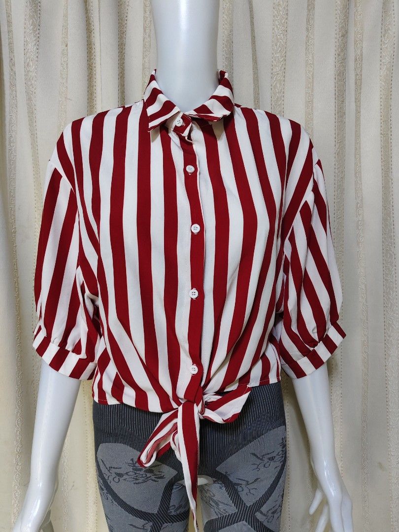 Nautical Vibes Red Striped Button-Down Crop Top (Large) (Category: Coats, Jackets and Outerwear) located in Baguio. Submitted by pisces_beattidue23 (Listing ID 1467633958, Image 1). Description: Nautical Vibes Red Striped Button-Down Crop Top (Large).