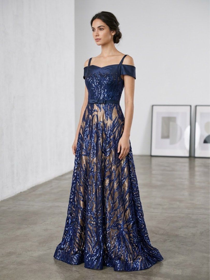 Navy blue and gold sequin evening gown (Category: Evening dresses & gowns) located in Makati City. Submitted by esila.essentials (Listing ID 1467718344, Image 1). Description: FOR RENT - Color: Navy blue and gold with sparkly leaf-patterned sequins - Style: Cold shoulder with thin straps, satin bodice, and thin bow belt at the waist - Length: Floor-length evening gown - Condition: Flawless, worn only once and dry cleaned immediately - Ready to we