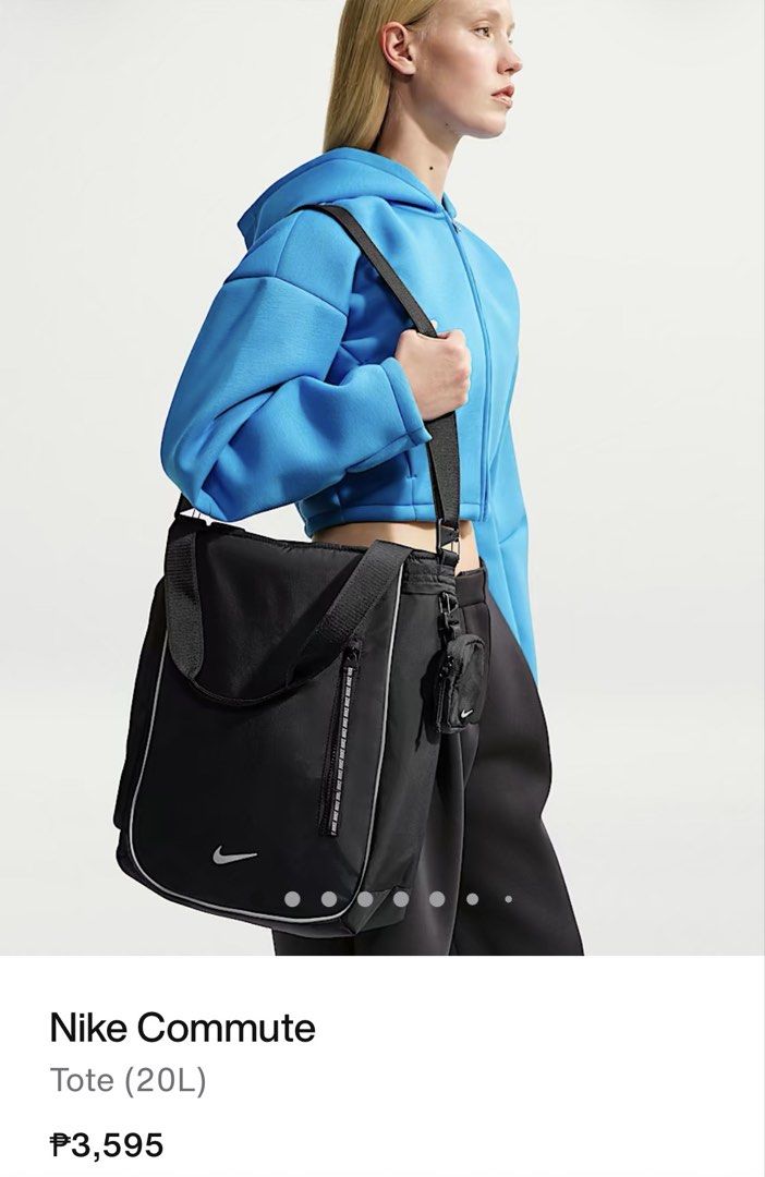 Nike Commute Tote (20L) (Category: Tote Bags) located in Meycauayan. Submitted by ranastridran (Listing ID 1467608704, Image 1). Description: - Authentic Nike Commute Tote in classic Black - Generous 20L capacity for all your everyday essentials - Includes a matching small detachable pouch clipped to the strap - Secure zippered front pocket for quick-access items - Sturdy dual grab handles and a convenient long shoulder strap - Clean, minimalist 