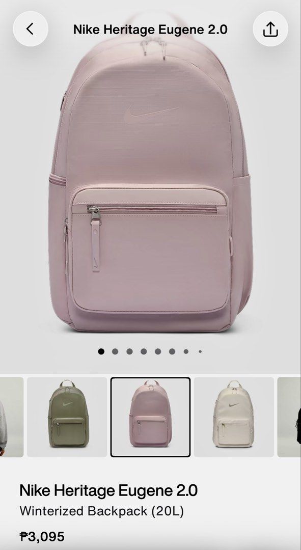 Nike Heritage Eugene 2.0 Winterized Backpack 20L (Category: Backpacks) located in Meycauayan. Submitted by ranastridran (Listing ID 1467608447, Image 1). Description: - Brand: Nike - Model: Heritage Eugene 2.0 Winterized Backpack - Capacity: 20L - Color: Soft pink with tonal Nike swoosh - Compartments: Main compartment, front zippered pocket with vertical pull tab, and side slip pockets - Comfort: Adjustable shoulder straps - Material: Durable fa