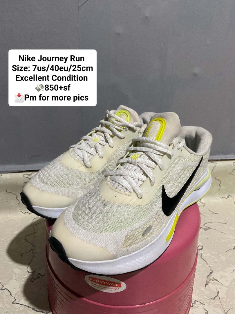 Nike Journey Run Size 7us/40eu/25cm (Category: Sneakers) located in Manila. Submitted by alexson10 (Listing ID 1467738556, Image 1). Description: - Brand: Nike - Model: Journey Run - Colorway: Cream and white with bright yellow accents and black swoosh - Size: 7 US / 40 EU / 25 cm - Features: Chunky white midsole with ComfiRide cushioning and breathable woven mesh texture - Condition: Grab them now, PM for extra pictures or questions J&T 🚚 💸850
