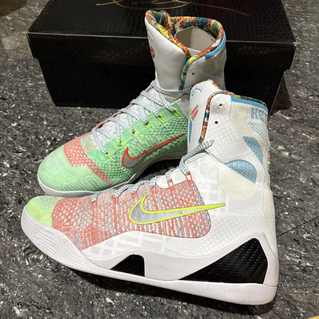 Nike Kobe 9 Elite High Protro “What The” (Category: Sneakers) located in Cagayan de Oro. Submitted by jacelectorpimentel66 (Listing ID 1467728791, Image 2). Description: - Brand: Nike Kobe 9 Elite - Style: High-top basketball shoes with bright multicolor Flyknit upper (white, green, orange, blue) - Details: Matching patterned laces and colorful inner lining - Size: Men's US 10.5 - Inclusion: Original black box included - Condition: Guaranteed aut