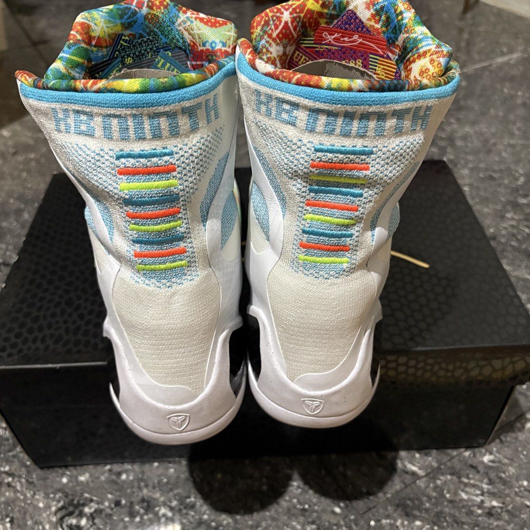 Nike Kobe 9 Elite High Protro “What The” (Category: Sneakers) located in Cagayan de Oro. Submitted by jacelectorpimentel66 (Listing ID 1467728791, Image 3). Description: - Brand: Nike Kobe 9 Elite - Style: High-top basketball shoes with bright multicolor Flyknit upper (white, green, orange, blue) - Details: Matching patterned laces and colorful inner lining - Size: Men's US 10.5 - Inclusion: Original black box included - Condition: Guaranteed aut