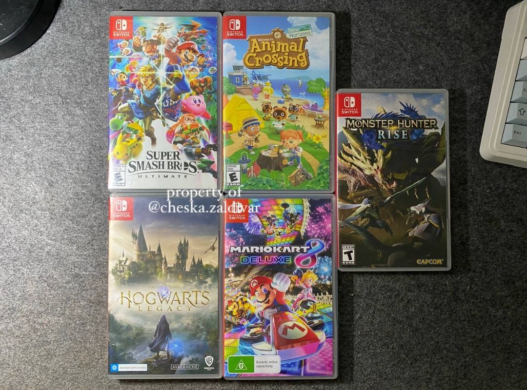 Nintendo Switch Games (Category: Nintendo) located in Paranaque City. Submitted by cheska.zaldivar (Listing ID 1467630309, Image 1). Description: Selling some pre-loved Nintendo Switch games from my personal collection. All games are original, tested, and working. Cases are included as shown in the photos. Available with Cases: 💙 Super Smash Bros Ultimate - ₱1,600 ⭐ Animal Crossing - ₱1,700 👹 Monster Hunter Rise - ₱1,200 🪄 Hogwarts Legacy - ₱1