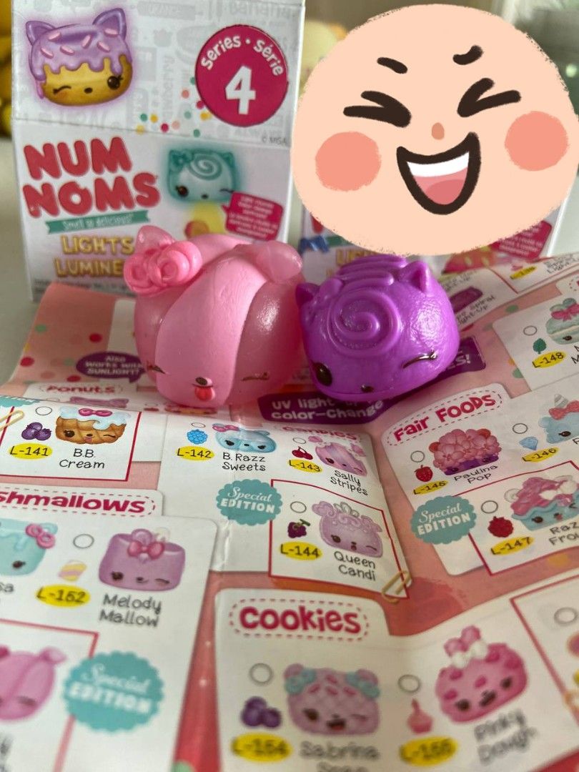 Num Noms [Set of 4] (Category: Designer & Blind Box Toys) located in Makati City. Submitted by mezz0piano (Listing ID 1467631587, Image 2). Description: READ ME ‼️ •First & Second pic (Series 4): Special Edition Num, Brand new, with collector's guide and box. UV Light Nom not guaranteed to be working • 3rd pic (Series 1&2): Heavily used, deformed, with tears, and paint chips. Mop: Gcash | Mod: J&T.
