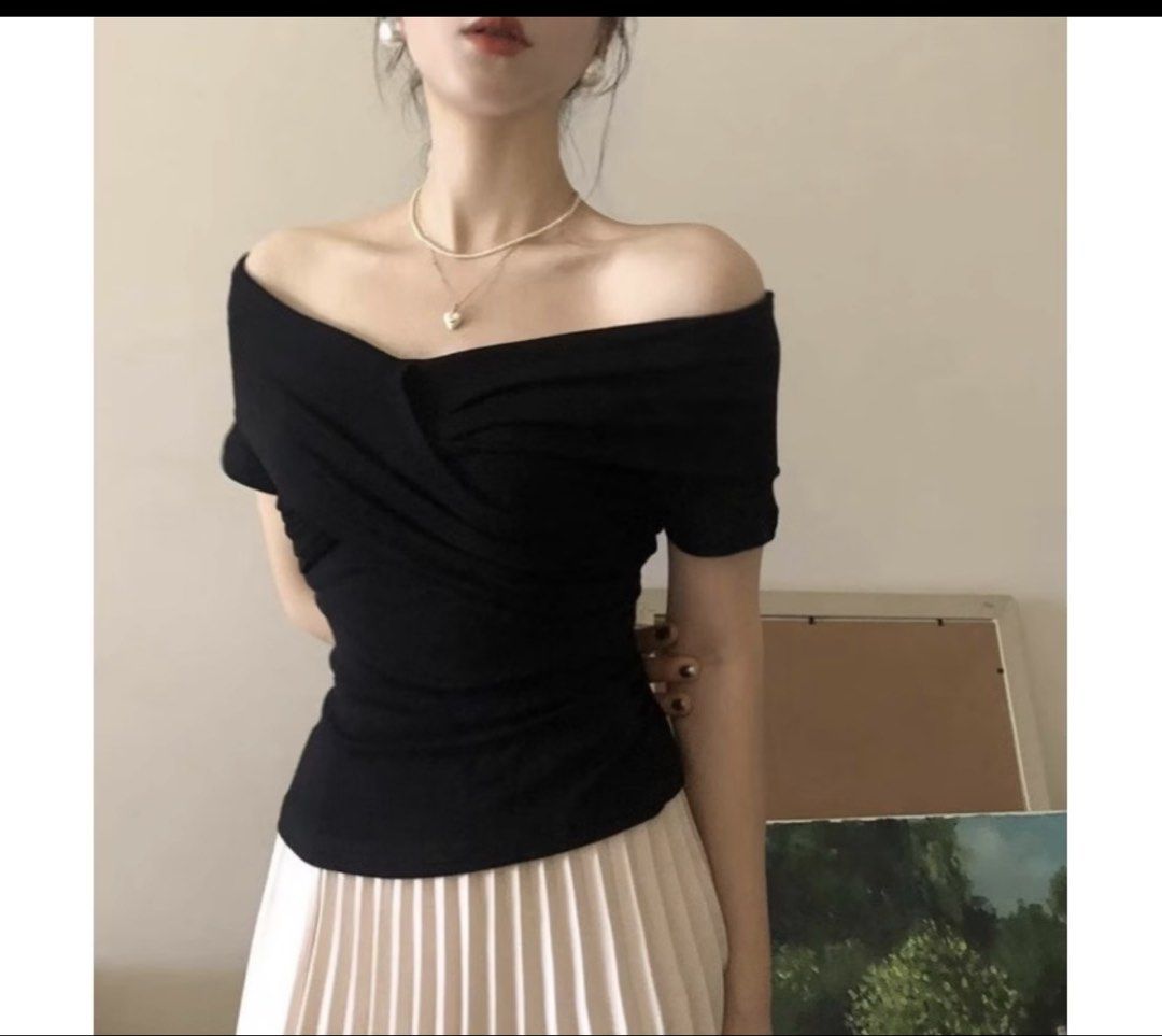 Off Shoulder Cross Wrap Slim Fit Crop Top (Category: Blouses) located in Taguig. Submitted by markaisie (Listing ID 1467662557, Image 2). Description: Selling as set for 350.