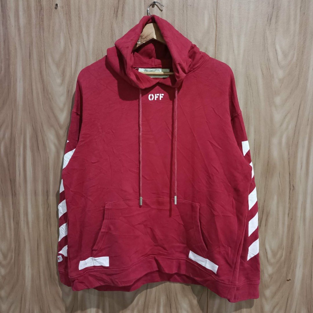 Off-White Red Mirror Mirror Hoodie (Category: Hoodies) located in Batangas. Submitted by phthriftpingzz (Listing ID 1467696993, Image 2). Description: - Brand: Off-White - Color: Red - Size: Large - Design: Large white diagonal arrows and 'MIRROR MIRROR' text on the back - Details: Small white 'OFF' text on chest, striped patterns on sleeves, and drawstring hood - Features: Front kangaroo pocket and white neck label - Style: Classic streetwear.