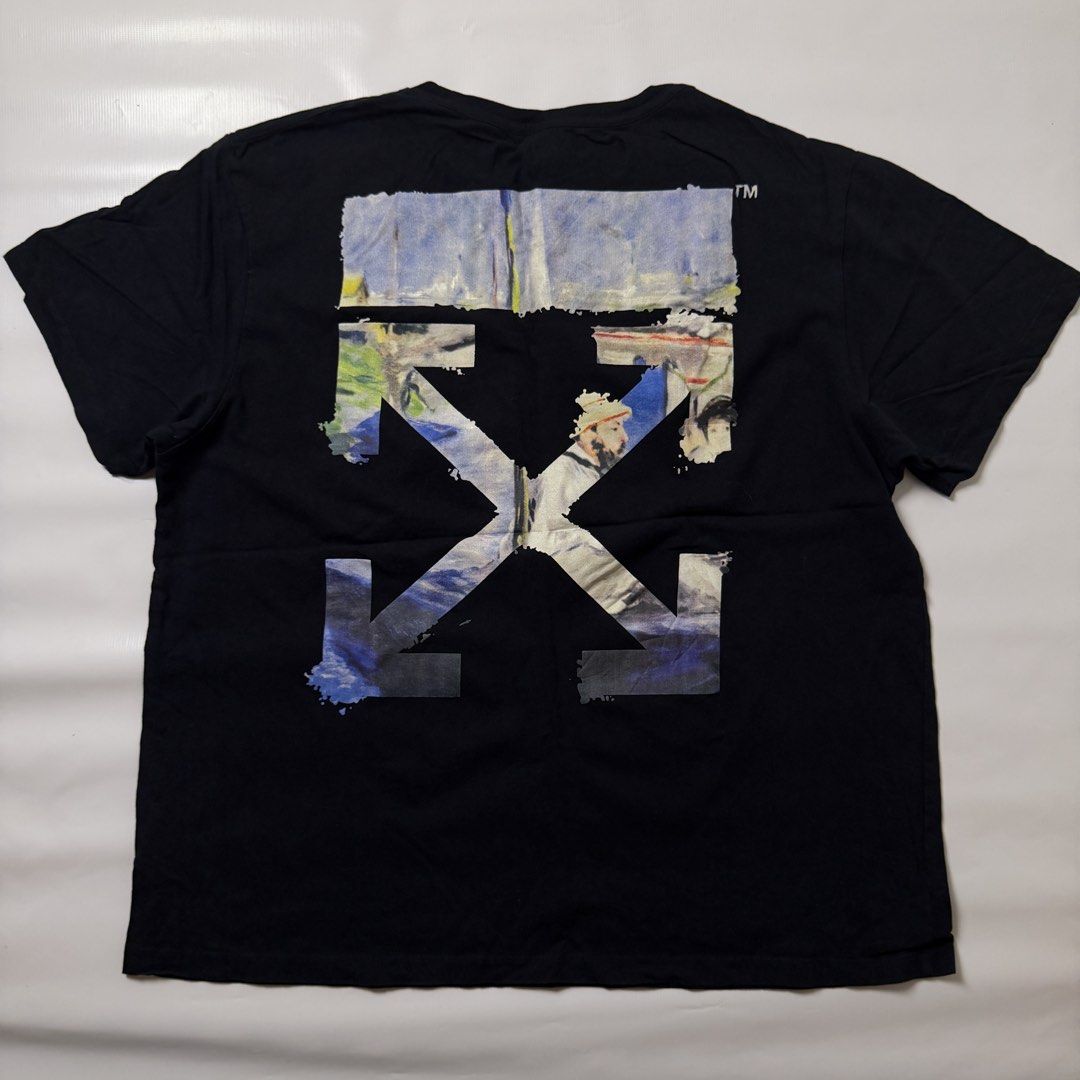 Off-White Spring Summer 2019 Black T-Shirt (Category: Tshirts & Polo Shirts ) located in Gapan. Submitted by rasthriftshop (Listing ID 1467800608, Image 2). Description: OFF WHITE w/back hit Size on tag: M Dimes: 23 x 28 ₱500 + sf Condition: Excellent Color rate: 9/10 Issue: None.