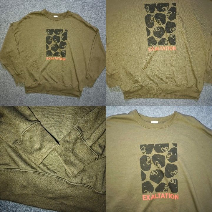 Olive Green Exaltation Gorilla Graphic Sweatshirt (Category: Coats, Jackets and Outerwear) located in Baguio. Submitted by ai_ban17 (Listing ID 1467601920, Image 2). Description: Olive green crewneck sweatshirt with a graphic gorilla print and "EXALTATION" text in red. Relaxed streetwear fit with ribbed cuffs and hem..