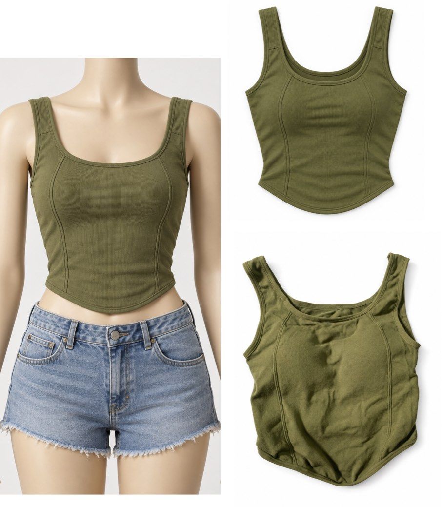 Olive Green Ribbed Crop Tank Top (Category: Sleeveless) located in Manila. Submitted by selgs (Listing ID 1467738560, Image 1). Description: ✨ NEW THRIFT DROPS, BESTIES!💋 💗 PRICE RANGE: ₱50 all 👚 Trendy Croptops 👖 Baggy Jeans 🩳 Shorts & More! 𐙚 Ukay • Preloved • Thrift Finds ♡ 📝 PLEASE TAKE NOTE: 🤍 These are preloved items, so manage your expectations. 🤍 Colors may slightly vary due to lighting. 🤍 Please be a responsible buyer! ❣️ Actua