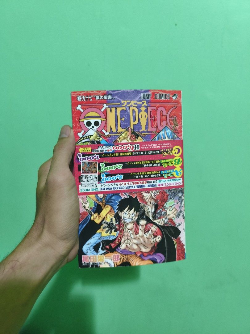 ONE PIECE 97 Manga (Category: Comics & Manga) located in Muntinlupa City. Submitted by prime_finder (Listing ID 1467639386, Image 1). Description: ONE piece Manga 97 Good as New no tears no folds walang kasamang Card Japanese po..