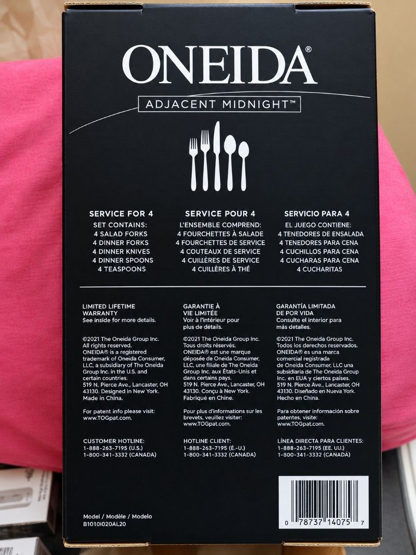 Oneida - Adjacent Midnight (Category: Dinnerware & Cutlery) located in Mandaluyong City. Submitted by twovv (Listing ID 1467679075, Image 2). Description: This is the Oneida Adjacent Midnight 20-Piece Flatware Set (service for 4). Key Features Brand: Oneida Pattern Name: Adjacent Midnight Piece Count: 20 pieces (service for 4 people, including salad forks, dinner forks, dinner knives, dinner spoons, and teaspoons) Material: 18/0 stainless steel w