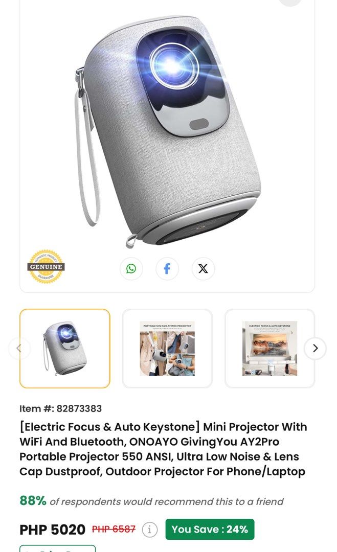 ONOAYO AY2Pro Portable Mini Projector with WiFi and Bluetooth (Category: Projectors) located in Manila. Submitted by starbalesukandjapansurplus (Listing ID 1467615244, Image 1). Description: - Model: ONOAYO AY2Pro Portable Mini Projector - Display: Crisp 1080P resolution with 550 ANSI brightness - Connectivity: 2.4G & 5G dual-band Wi-Fi for smooth wireless screen sharing from phones and laptops - Smart Setup: Fast electric focus and auto keystone