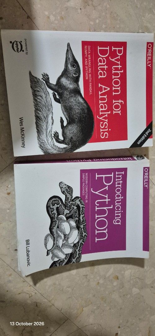 O'Reilly Python Books - Python for Data Analysis & Introducing Python (Category: Textbooks) located in Singapore. Submitted by love102102 (Listing ID 1467767442, Image 1). Description: - Bundle of 2 essential O'Reilly programming books - Python for Data Analysis (2nd Edition) by Wes McKinney (covers pandas, NumPy, IPython) - Introducing Python by Bill Lubanovic (great for modern computing basics) - Ideal reference guides for aspiring programmers 