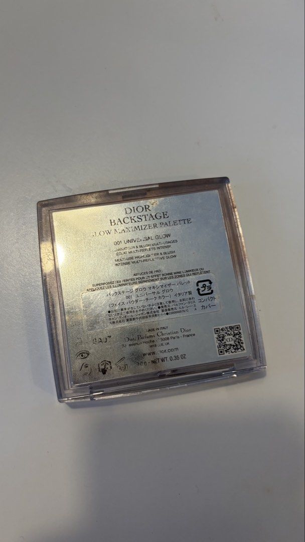 Original Dior Backstage Glow Maximizer Palette 001 Universal Glow (Category: Makeup) located in Davao. Submitted by ennalyf (Listing ID 1467657243, Image 3). Description: MOP: Payment First • Bank Transfer / GoTyme MOD: Maxim (Davao City Area) JT Express (locally shipped) + Buyers should handle the shipping fee. - Authentic Dior Backstage Glow Maximizer Palette - Shade: 001 Universal Glow - Net Weight: 10g | Made in Italy - Condition: Gently used