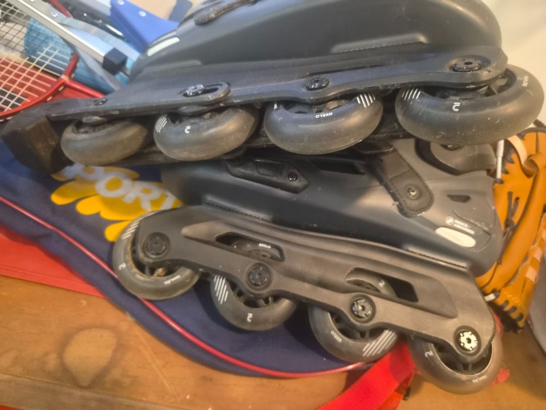 Oxelo Inline Skates Grey Adult Size (Category: Skates, Rollerblades & Scooters) located in Muntinlupa City. Submitted by chubby_daddy82 (Listing ID 1467689233, Image 2). Description: - Brand/Model: Oxelo Inline Skates - Color: Grey with solid black wheels and frame - Closure: Lace-up, ratchet buckle strap, and top velcro strap for a secure fit - Comfort: Built-in heel shock absorber and comfortable inner liner - Brake: Standard brake attached at 