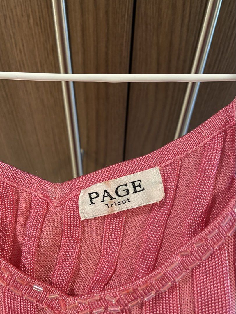 PAGE tricot pink beaded top (Category: Sleeveless) located in Manila. Submitted by happymoon_0ae0c8 (Listing ID 1467676218, Image 3). Description: - brand: PAGE - thrifted this top at a pop up for 1k - ribbed knit texture with beaded trim along the neckline and straps - minor pulls and snags on the front fabric (please check close-up photos).