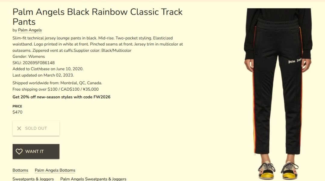PALM ANGELS Black Rainbow Classic Track Pants (Category: Joggers) located in Baguio. Submitted by viibodegaaa (Listing ID 1467737102, Image 1). Description: Item: PALM ANGELS Black Rainbow Classic Track Pants Size: M Waist: 15’ **unstretched** Rise: 14’ Thigh: 12’ Inseam: 28’ Length: 38.5’ Leg opening: 7’ Price: 2280.