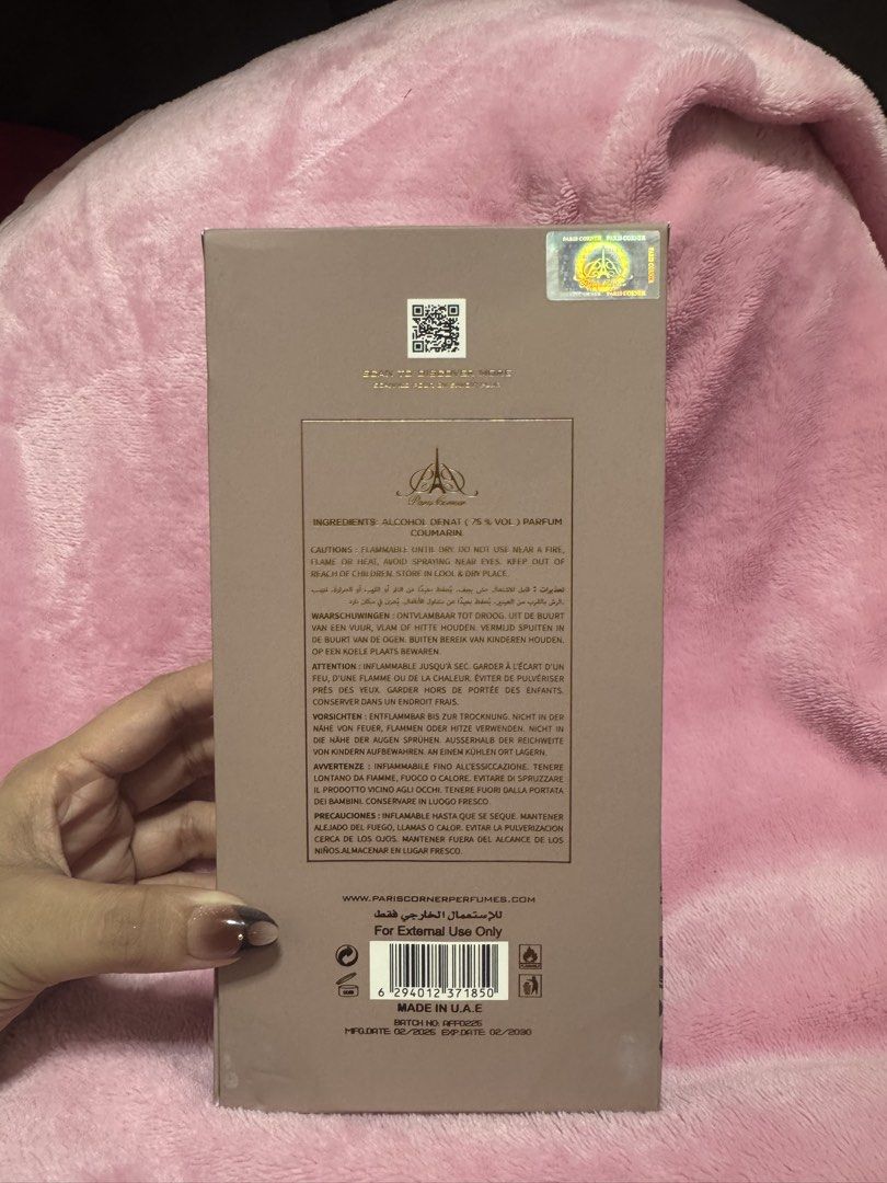Paris Corner Affogato Al Caffe Eau De Parfum 100ml (Category: Fragrance & Deodorants) located in Arayat. Submitted by janeng_ba10fd (Listing ID 1467793622, Image 2). Description: - Brand: Paris Corner - Fragrance: Affogato Al Caffe - Volume: 100ml (Natural Spray) - Condition: Unused, box opened for photos only - Packaging: Comes with original decorative box - Origin: Made in U.A.E. - Batch Number: AFF0226 - Bottle Design: Contoured bottle with el
