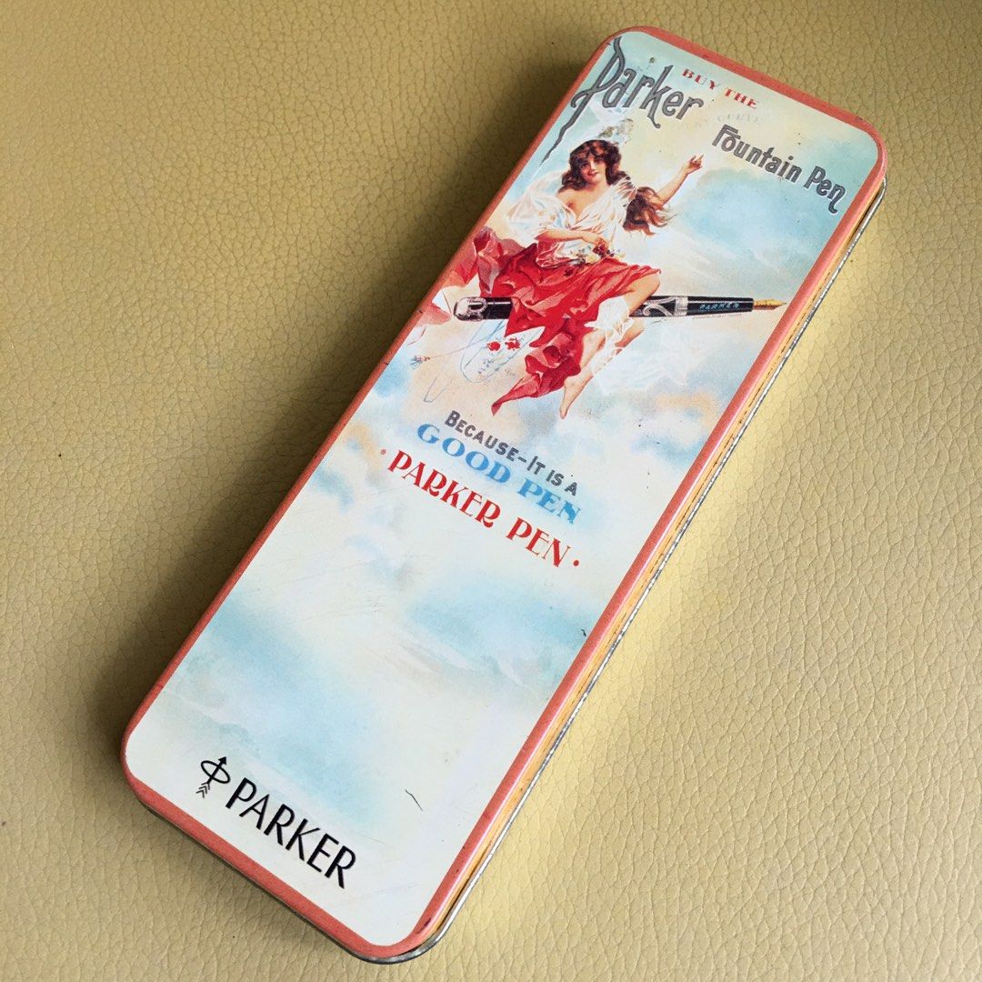 Parker Pen Metal Tin Pen Case (Category: Stationery & School Supplies) located in Tarlac. Submitted by greatfindstrlc (Listing ID 1467632100, Image 2). Description: Vintage 90’s Classic 1909 Parker Fountain Pen Advertisement Artwork on metal tin case. .