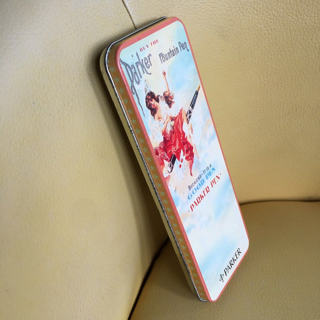 Parker Pen Metal Tin Pen Case (Category: Stationery & School Supplies) located in Tarlac. Submitted by greatfindstrlc (Listing ID 1467632100, Image 3). Description: Vintage 90’s Classic 1909 Parker Fountain Pen Advertisement Artwork on metal tin case. .