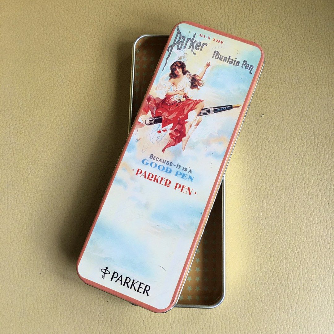 Parker Pen Metal Tin Pen Case (Category: Stationery & School Supplies) located in Tarlac. Submitted by greatfindstrlc (Listing ID 1467632100, Image 1). Description: Vintage 90’s Classic 1909 Parker Fountain Pen Advertisement Artwork on metal tin case. .