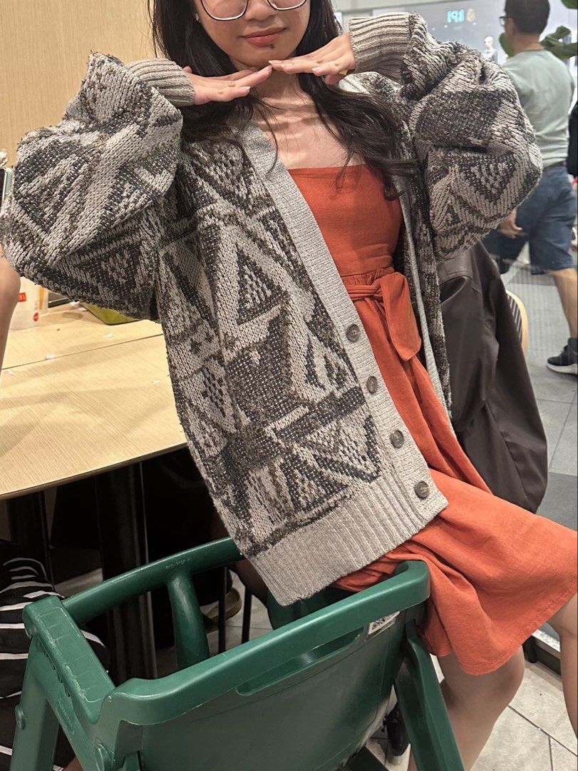 patterned oversized cardigan (Category: Coats, Jackets and Outerwear) located in Manila. Submitted by jeilantern (Listing ID 1467805466, Image 2). Description: patterned cardigan wool type, check photos to see the texture/design thick, but can be used sa washing machine or laundry hindi notice-able if naghihimulmol : ) bought on ig thrift store, no brand/tag ps: i’m also selling the dress i’m wearing here! check profile last price posted mop: gca