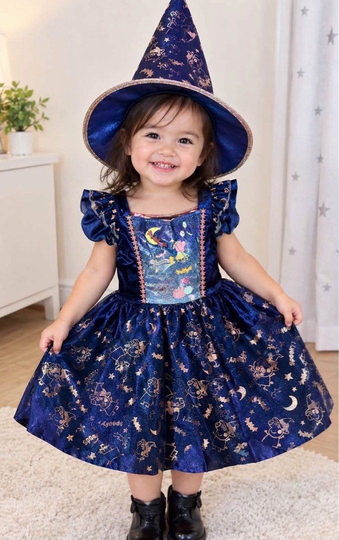 Peppa Pig Halloween Witch Costume Set with Hat (Category: Babies & Kids Fashion) located in San Fernando. Submitted by InvisibleMe (Listing ID 1467631621, Image 1). Description: - Official Peppa Pig kids witch costume with original store tag attached - Includes a deep blue velvet dress and matching pointy witch hat - Features shiny metallic foil print with bats, crescent moons, and stars - Styled with cute ruffled cap sleeves and a sparkly front 