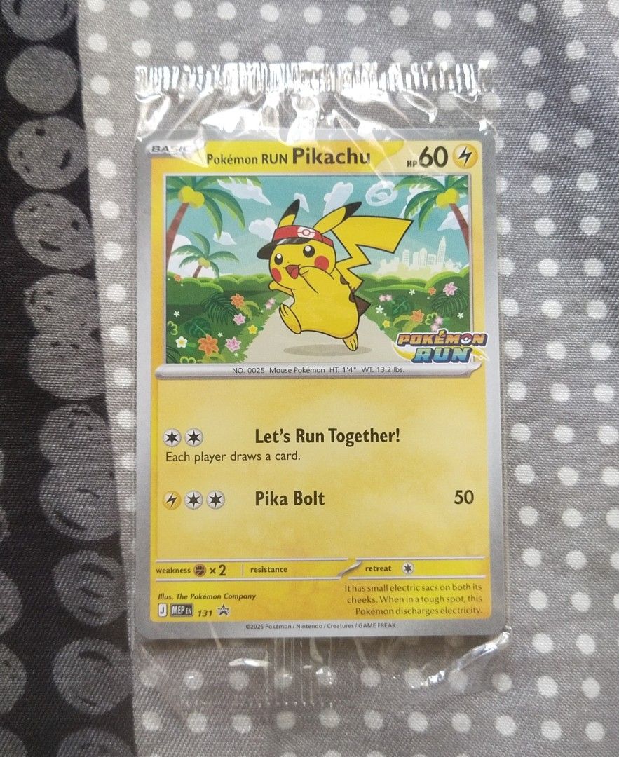 Pikachu 131 (Category: Raw Singles) located in Las Pinas. Submitted by younggem.d97325 (Listing ID 1467833043, Image 1). Description: Pokemon Run 30th Celebration Pikachu Run Event Sealed/Ungraded Card no. #131 Based on the market this is the standard price. Let me know your price.