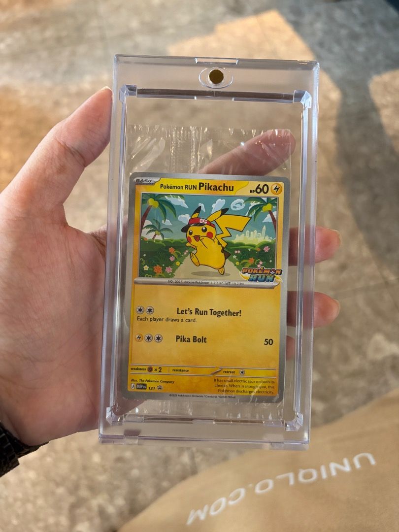 Pikachu 191 (Category: Raw Singles) located in Marikina City. Submitted by fritoleigh (Listing ID 1467640032, Image 2). Description: SEALED PIKACHU PROMO CARD FROM POKEMON RUN 2026 WITH FREE CASE Marikina Area. Meetup in Marikina Heights or SDD shouldered by buyer.