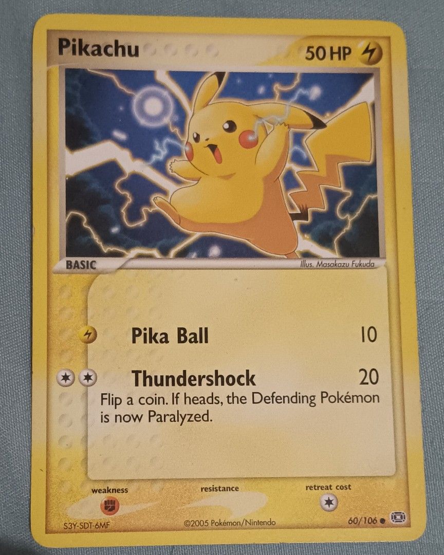 Pikachu 60/106 Common (Category: Raw Singles) located in Makati City. Submitted by sir.jayar (Listing ID 1467774632, Image 1). Description: Price is based from Collectr. I have 3 in stock. Mode of payment: Cash or GCash Meet Up: San Lorenzo Place Makati Mondays and Tuesdays only 10am-5pm.