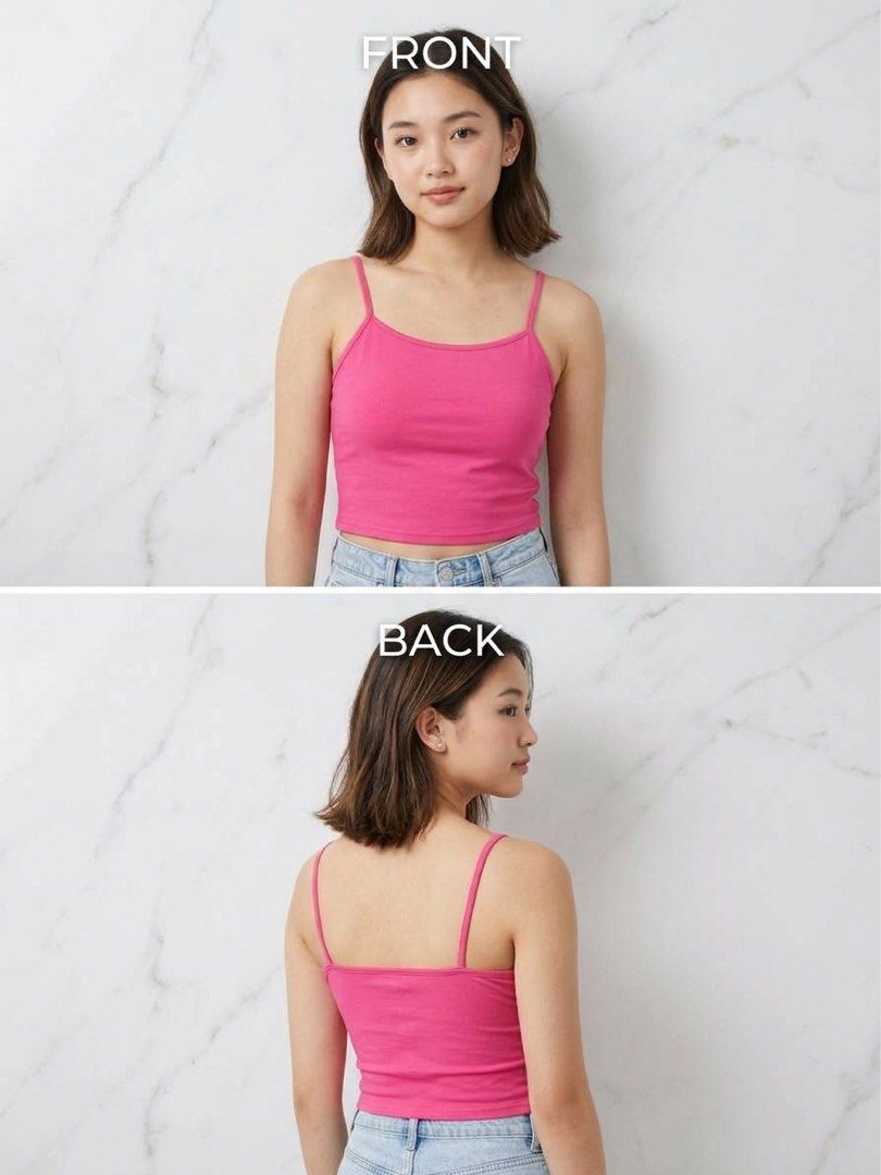 Pink Crop Top Spaghetti Strap Camisole (Category: Sleeveless) located in Makati City. Submitted by bright.atiz0104 (Listing ID 1467639481, Image 2). Description: - Color: Bright pink - Style: Crop top with spaghetti straps and straight neckline - Length: Hits right above the waist - Material: Soft stretch fabric for all-day comfort - Pairing: Great with high-waisted denim jeans - Vibe: Solid color, minimal everyday basic.