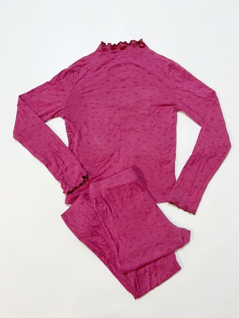 Pink Floral Long Sleeve Pajama Set (Category: Undergarments & Loungewear) located in Las Pinas. Submitted by dreas.thrift (Listing ID 1467767410, Image 1). Description: - Color/Pattern: Dark pink with small floral print - Style: Matching long sleeve top and pants set - Details: Lettuce trim on mock neck and cuffs, elastic waistband - Fabric: Lightweight and comfortable for sleeping or lounging - Condition: Clean and ready to wear.