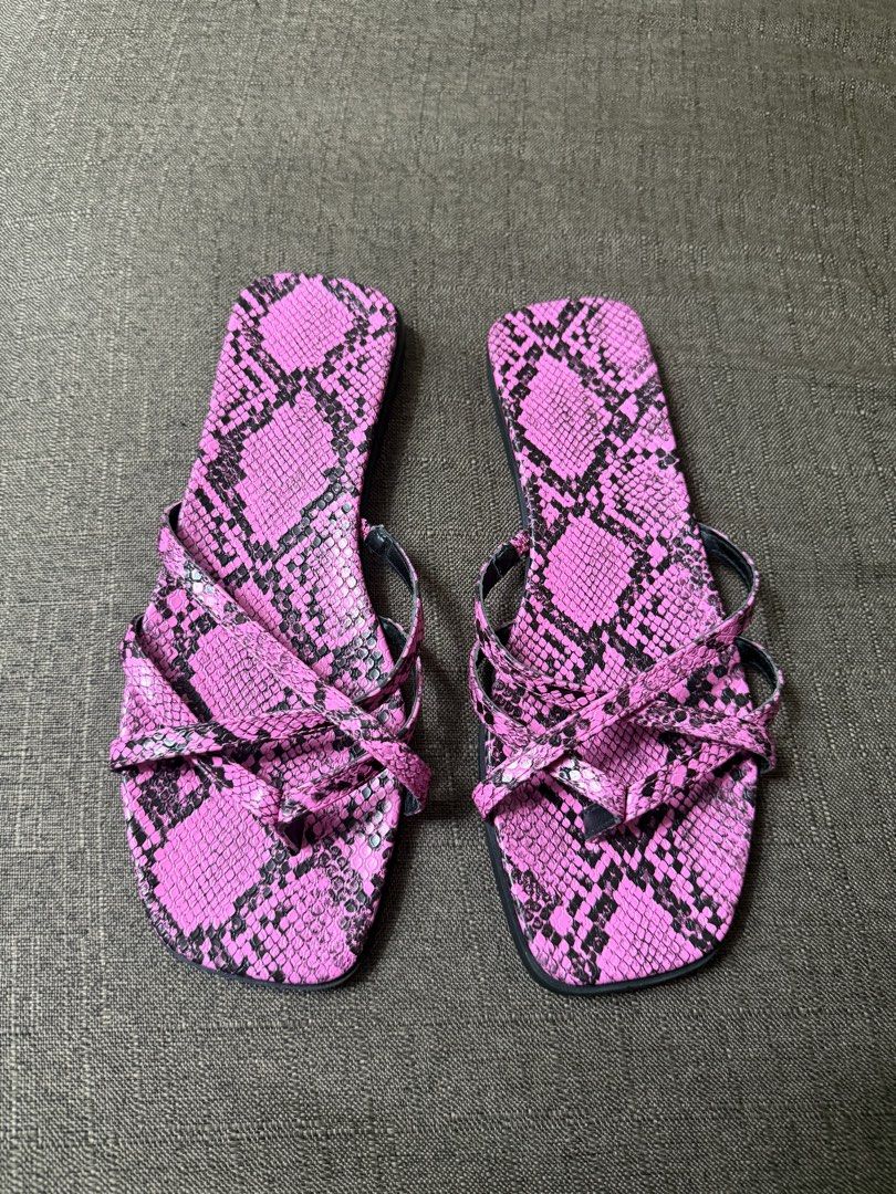 Pink snakeskin print flat sandals square toe (Category: Flats & Sandals) located in Cainta. Submitted by amswardrobe (Listing ID 1467837713, Image 3). Description: - Neon pink and black snakeskin print - Trendy square toe design - Multiple crossover straps with toe post - Comfortable low flat heel - Easy slip-on style for casual wear.
