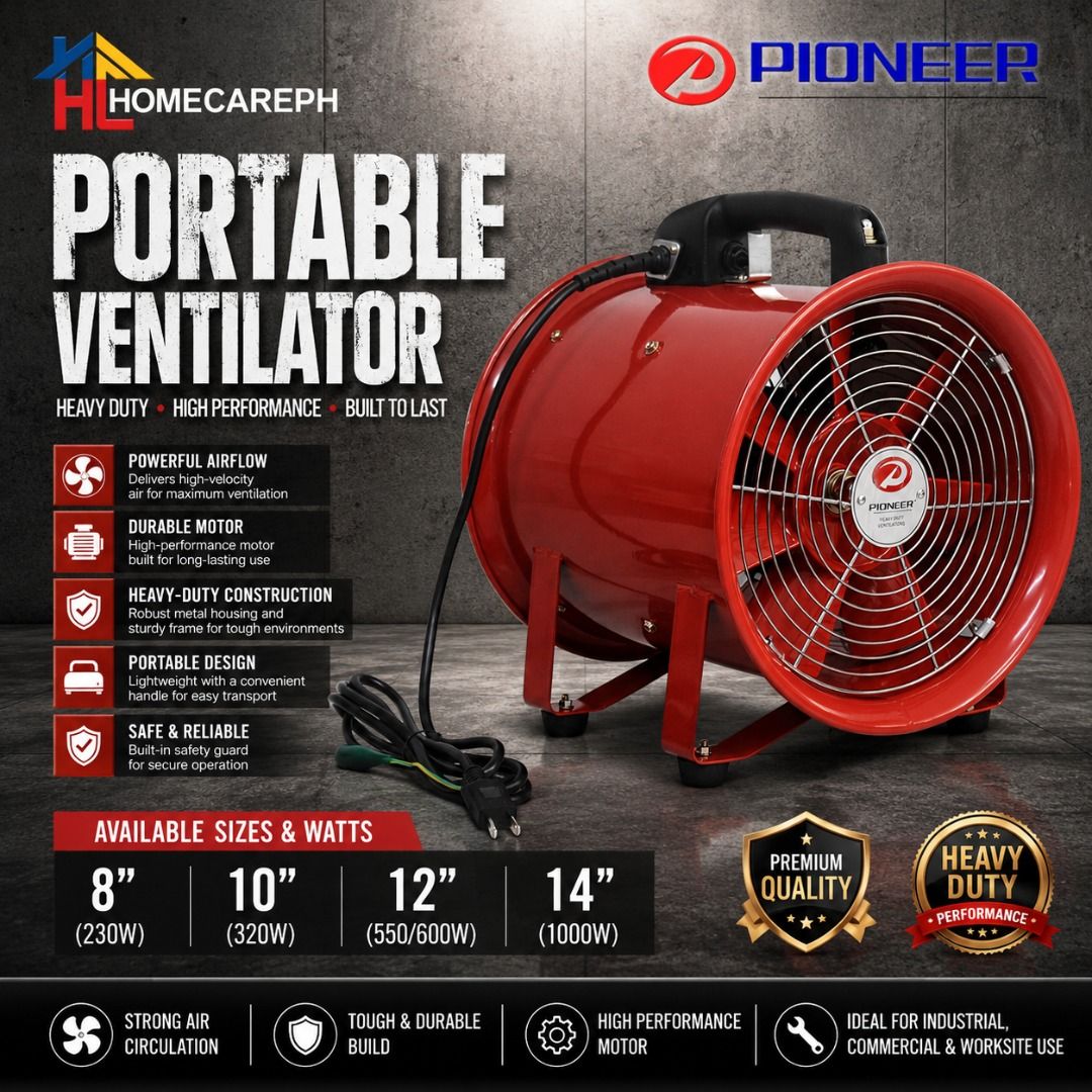 Pioneer Portable Ventilator 8" / 10" / 12" / 14" (Category: Industrial Equipment) located in Manila. Submitted by homecareph (Listing ID 1267012931, Image 1). Description: 10-13-2026 ✅For Sale!!! ✅Retail / Wholesale ✅PIONEER PORTABLE VENTILATOR ✅Volt / Freq: 220V / 60Hz ✅Single Phase ✅AVAILABLE: • 8 inches (230W) • 10 inches (320W) • 12 inches (550/600W) • 14 inches (1000W) ✅Strong Circulation ✅Tough & Durable Build ✅High-Performance Motor ✅Ideal