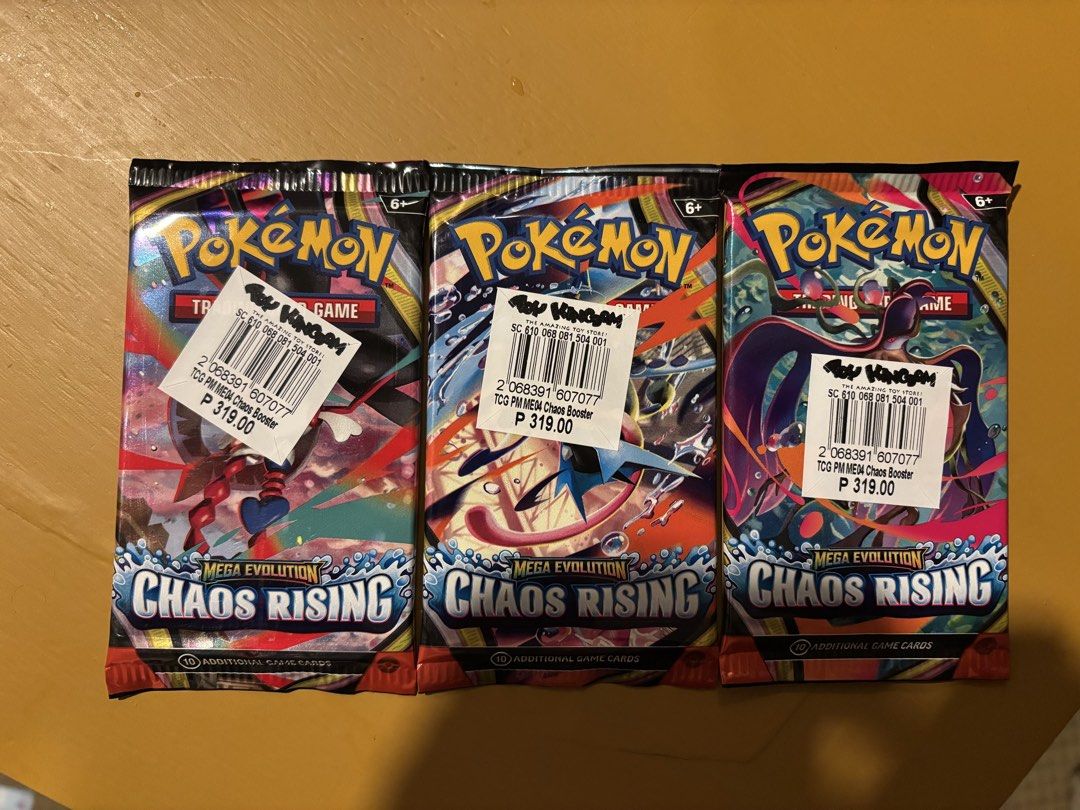 Pokémon Chaos Rising Booster Pack English (Category: Card Packs) located in Cavite. Submitted by karlpicks (Listing ID 1467773112, Image 1). Description: Three sealed booster packs from the Pokémon Mega Evolution Chaos Rising set. These packs are in brand new condition, still factory sealed with the original store price stickers attached. Each pack contains 10 additional game cards, offering a great opportunity to pull rare Mega Evolution cards. 