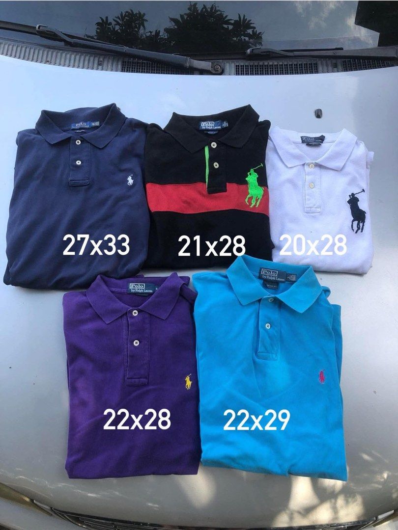 Polo Ralph Lauren Polo Shirts Bundle (Category: Tshirts & Polo Shirts ) located in Manila. Submitted by keeneagle.31e6ea (Listing ID 1467667043, Image 1). Description: - Brand: Polo Ralph Lauren - Quantity: Bundle of 5 shirts (can be bought individually upon request) - Colors & Designs: * Blue * Black with red stripe and green logo * White with black big pony * Purple with yellow logo * Bright blue with pink logo - Sizes Available: 20x28, 21x28, 