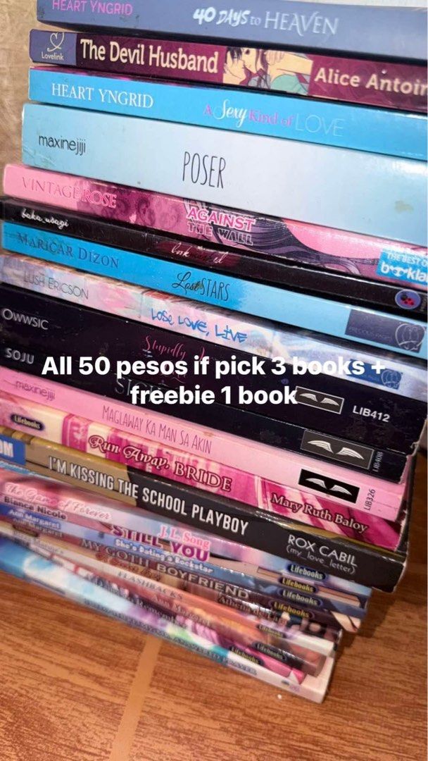 Pop Fiction & Precious Pages Romance Book Bundle (Category: Storybooks) located in Manila. Submitted by ashithrift_19 (Listing ID 1467770888, Image 2). Description: - Massive collection of Pop Fiction, Precious Pages, and Lifebooks romance novels - Features popular titles like Hell University, His Personal Slave, and 548 Heartbeats - Ideal for fans of local romance and Young Adult (YA) fiction - DM for inquiries or more details.