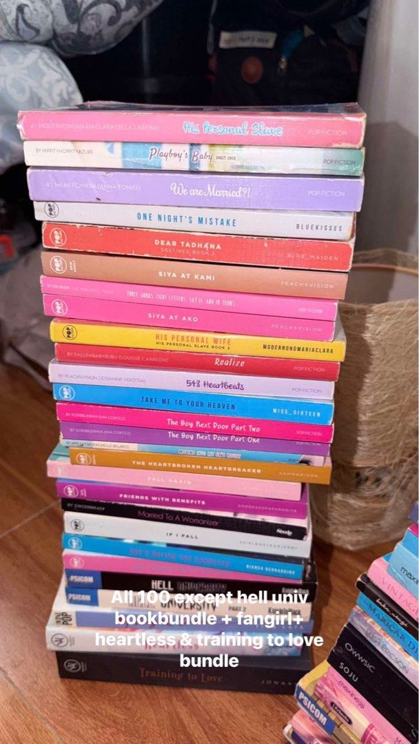 Pop Fiction & Precious Pages Romance Book Bundle (Category: Storybooks) located in Manila. Submitted by ashithrift_19 (Listing ID 1467770888, Image 1). Description: - Massive collection of Pop Fiction, Precious Pages, and Lifebooks romance novels - Features popular titles like Hell University, His Personal Slave, and 548 Heartbeats - Ideal for fans of local romance and Young Adult (YA) fiction - DM for inquiries or more details.