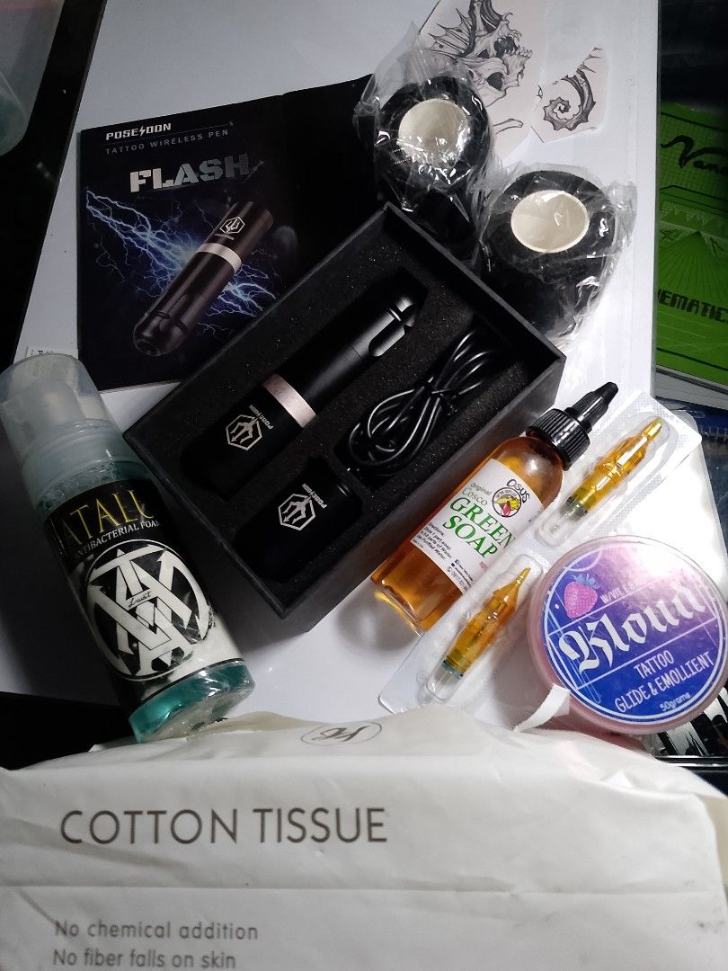 Poseidon Flash Tattoo Wireless Pen Starter Kit (Category: Craft Supplies & Tools) located in Manila. Submitted by sanicodavy79697 (Listing ID 1467643670, Image 3). Description: - Poseidon Flash wireless tattoo pen set -PM FOR ISSUE - Includes green soap and antibacterial foam wash - Comes with Kloud tattoo glide - 2 cartridges included - Grip wrap tape rolls and cotton tissues - Charging cable and user manual included.