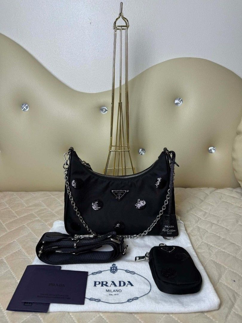 Prada Re-Edition 2005 Re-Nylon Sequin Polka Dot Shoulder Bag (Category: Luxury Bags & Wallets) located in Iloilo. Submitted by jananapad (Listing ID 1467610892, Image 1). Description: Prada Re-Edition 2005 Re-Nylon Sequin Polka Dot Shoulder Bag (Model 1BH204) #8.