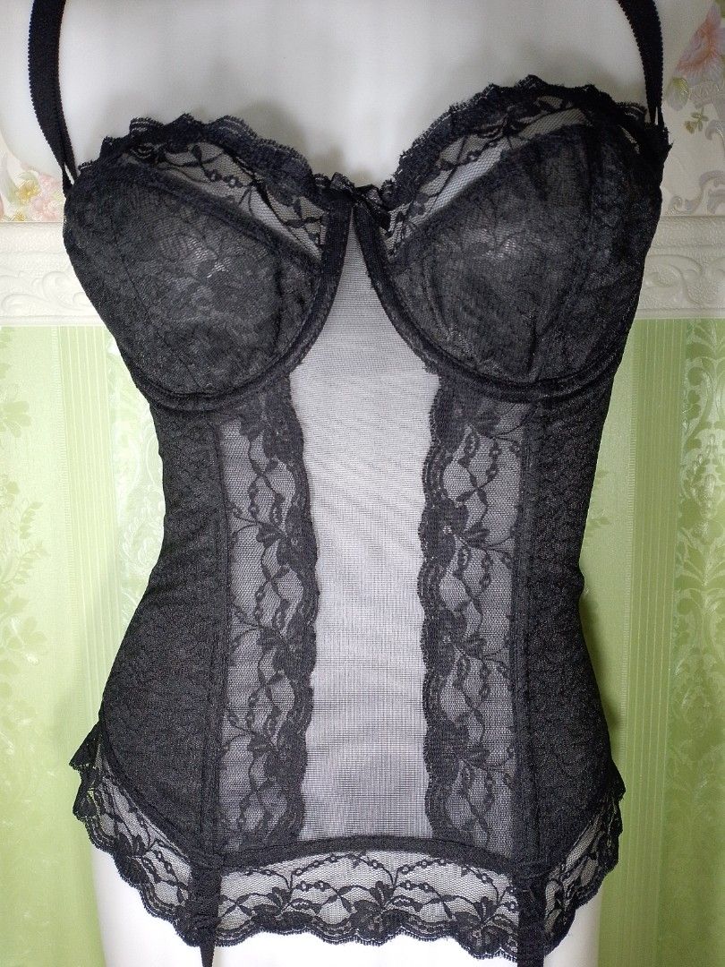 Preloved Dipti See through Corset Top 38C (Category: Others Tops) located in Dasmarinas. Submitted by ms.happycorsets (Listing ID 1467747475, Image 2). Description: Preloved Lace See through Corset Top Black Color Can Fit Medium size to Large size Starting waistline 29-32 inches See through bra with under wire 38C length 21 inches Stretchable Fabric Has 2 layers of adjustable hooks at the back Has Front 6 Soft bones Has 4 Stocking suspenders with