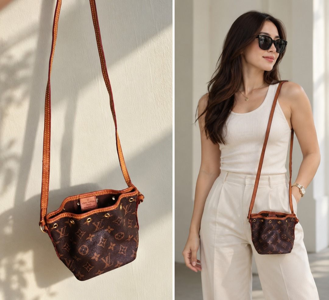 PRELOVED LOUIS VUITTON MONOGRAM MINI BUCKET BAG (Category: Luxury Bags & Wallets) located in Basud. Submitted by ClaireLavin (Listing ID 1467631840, Image 1). Description: Item Condition: Preloved Brand: Louis Vuitton Serial Code: As posted Style: Monogram Bucket Bag Color: Brown with tan leather trim Visible Flaw: Crack on the strap due to age and previous use. Please inspect the actual photos carefully for the condition of the strap and other s