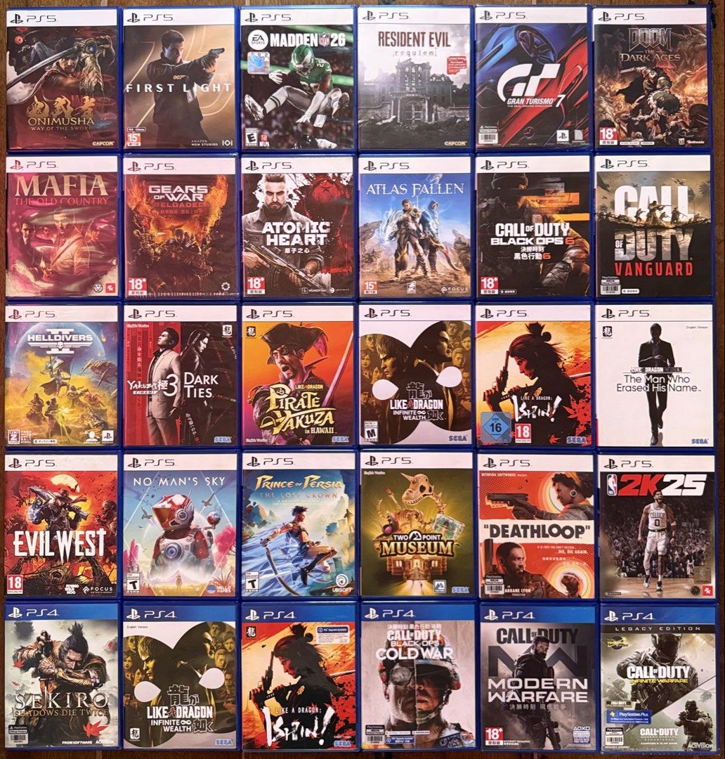 Ps4 and ps5 games (Category: PlayStation) located in Manila. Submitted by gamengrind (Listing ID 1467606859, Image 1). Description: Ps5 Onimusha - 3300 007 First Light - 2500 Madden 26 - 2500 Resident Evil Requiem - 2200 Gran Turismo 7 - 2000 Doom the Dark Ages - 2000 Mafia the Old Country - 1800 Gears of War - 1800 brand new sealed Atomic Heart - 1600 Atlas Fallen - 1600 Call of Duty Black Ops 6 - 1500 Call of Duty Vanguard - 1300 Helldivers 2 -
