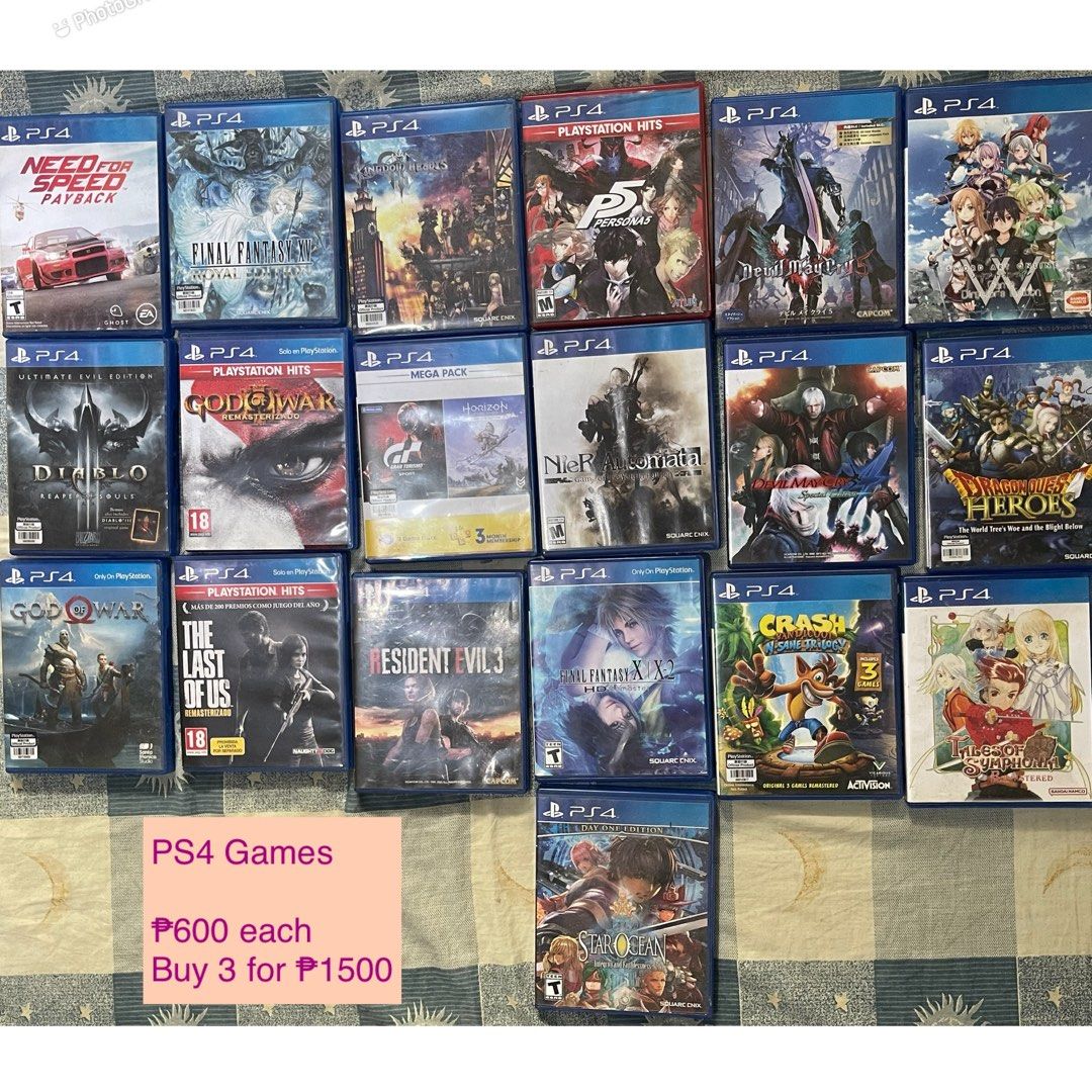 PS4 and PS5 Games Collection (Category: PlayStation) located in Santa Rosa. Submitted by jjj_aaa (Listing ID 1467605284, Image 1). Description: PS4: ₱600 each | 3 for ₱ 1,500 PS5: ₱1,200 each - Kindly message us first to check the availability of specific titles 📍Santa Rosa, Laguna *Available for shipping, buyer booked and shoulders shipping fee MOP: Gcash/Cash .