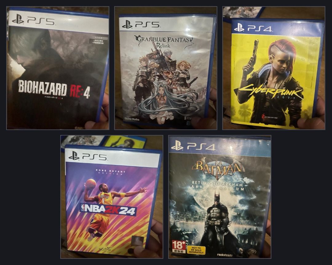PS5 and PS4 games for sale RUSH (Category: PlayStation) located in San Juan City. Submitted by epic.aizenkross (Listing ID 1467767160, Image 1). Description: For sale Resident evil 4 (PS5) 1,200php Granblue (PS5) 1,300php Cyberpunk (free upgrade to PS5) 900php NBA 2k24 (PS5) 500php Batman (PS4) 400php.