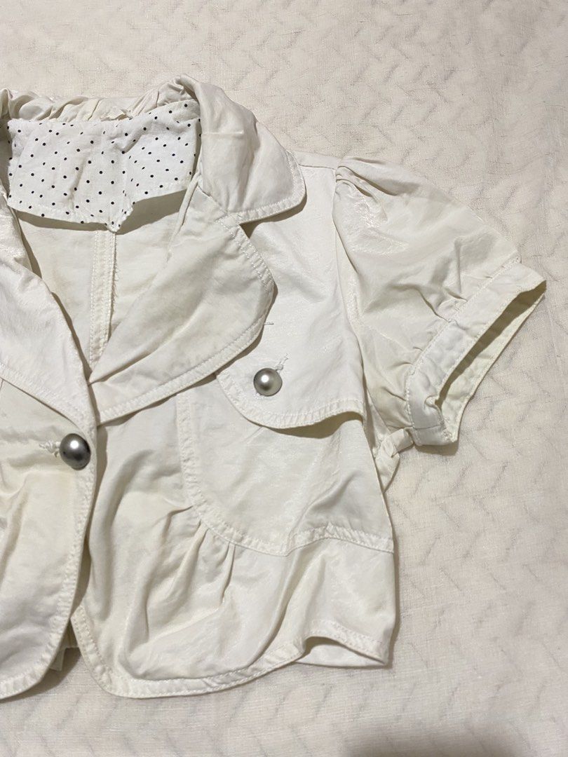 Puff-Sleeve Cropped Bolero Jacket (Category: Coats, Jackets and Outerwear) located in Marilao. Submitted by kyssmarila (Listing ID 1467739034, Image 2). Description: — Size: XS-S — Condition: 9/10 — Material: 100% Cotton — Color: off-white — Issue: minimal stain.